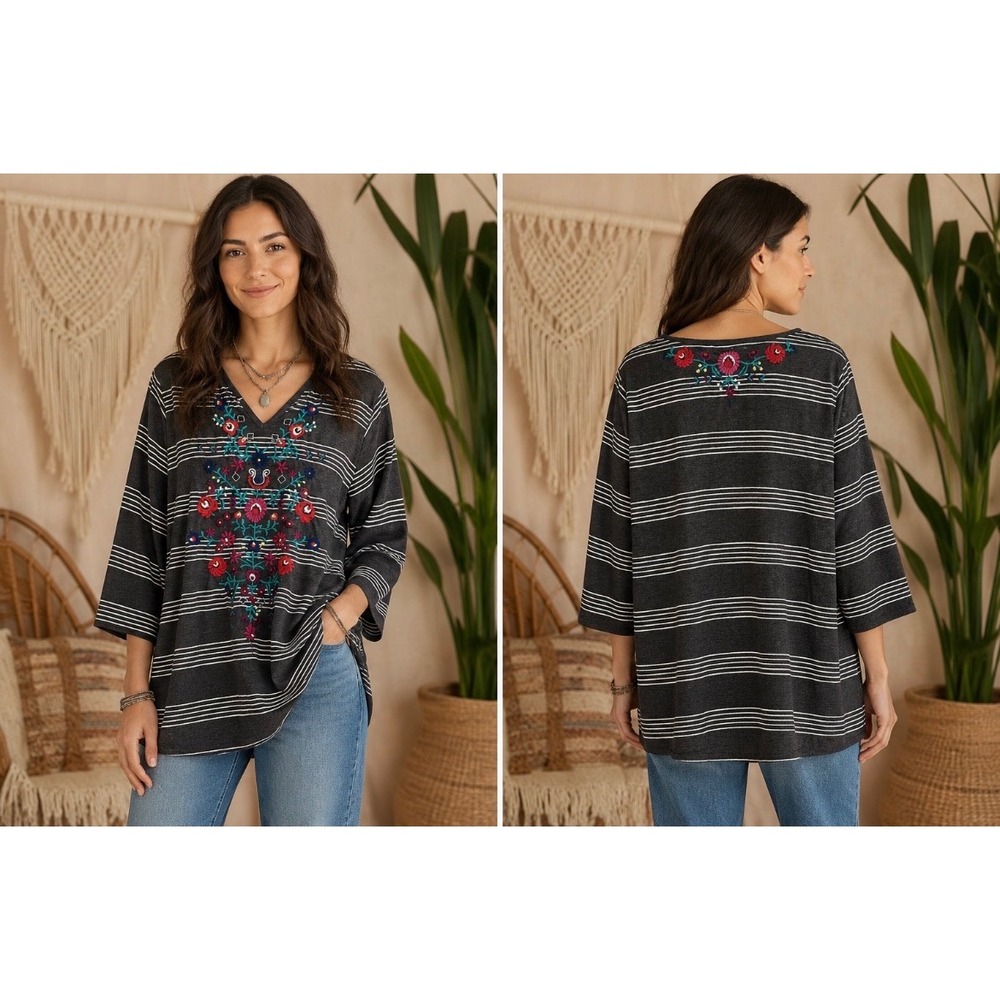 Johnny Was‎ floral Embroidered Striped Tunic Top M Bohemian cottage feminine
